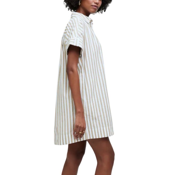 Madewell Collared Button Front Mini Tan Striped Cotton Poplin Shirt Dress XS - Picture 3 of 15